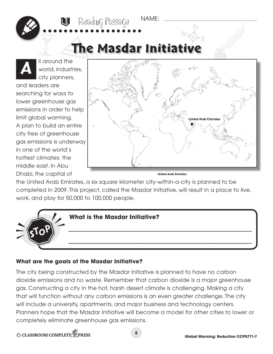 Reading passage part 1: the Masdar Initiative's zero-emission city in Abu Dhabi, with a world map marking the UAE