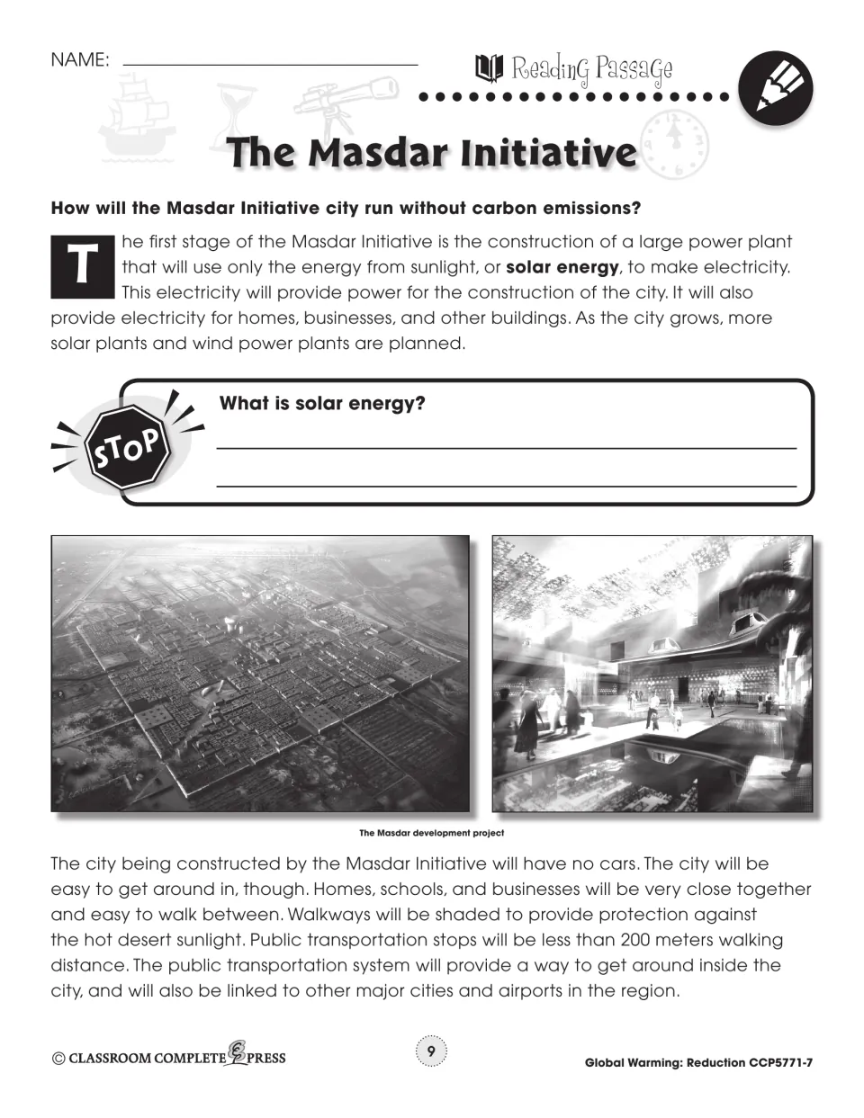 Reading passage part 2: Masdar's solar power plant and car-free city, with photos of the Masdar development project