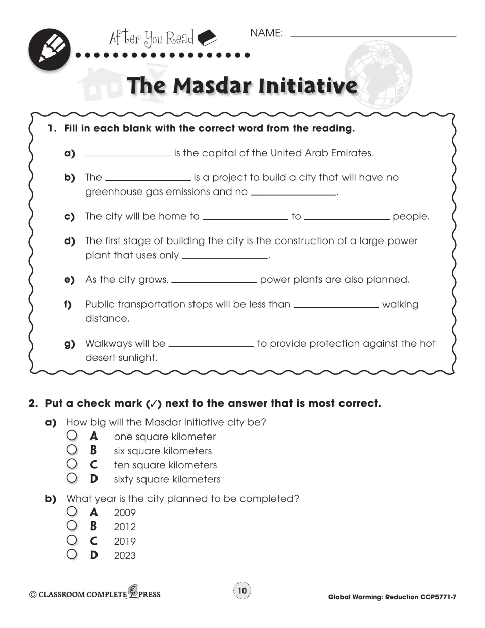 After You Read: fill in the blanks on Abu Dhabi and solar energy, then multiple choice on city size and year