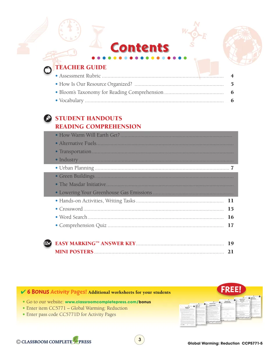 Contents of the full Global Warming: Reduction book; Urban Planning (page 7) is the reading in this slice