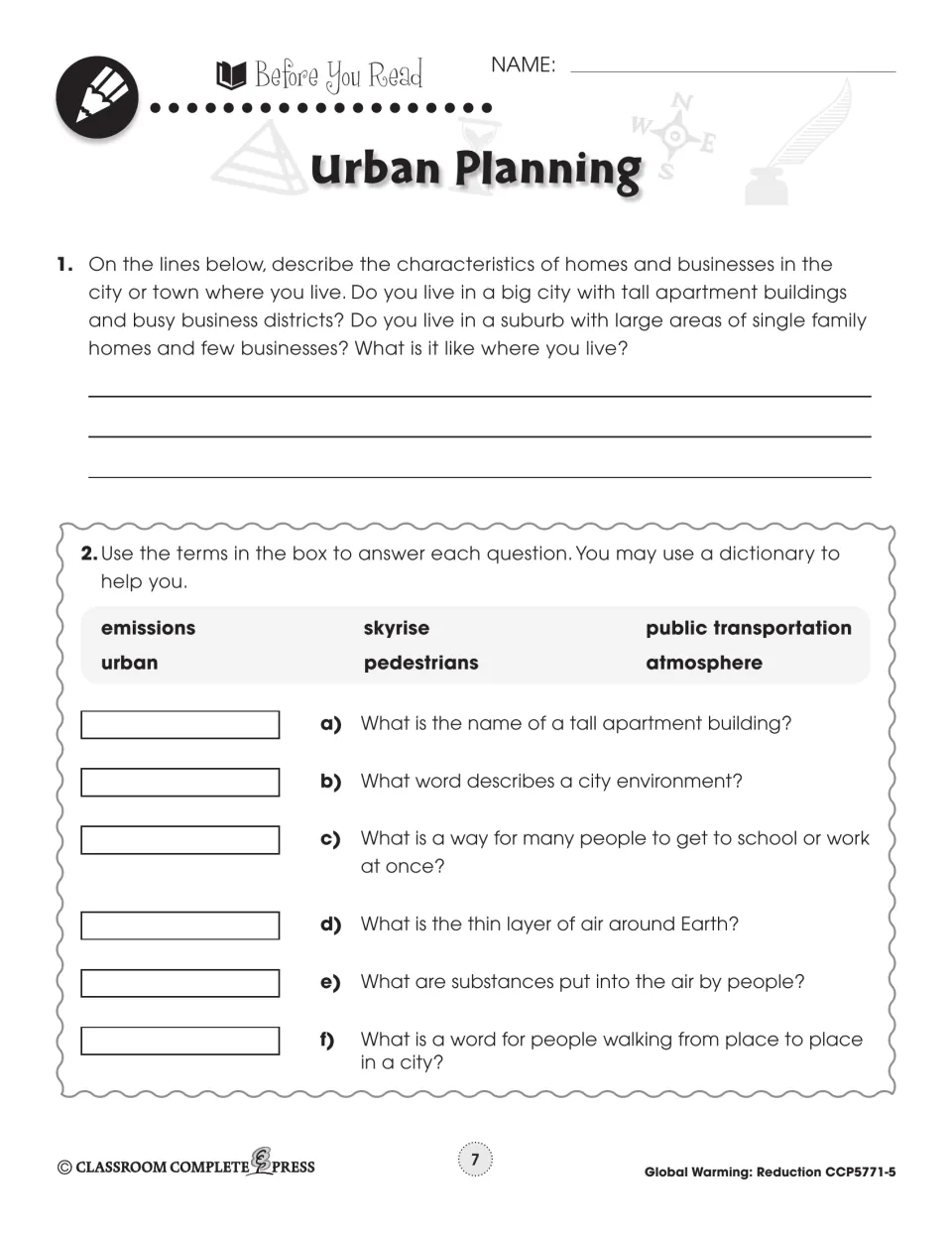 Urban Planning Before You Read: describe your town, then answer six questions with terms like skyrise
