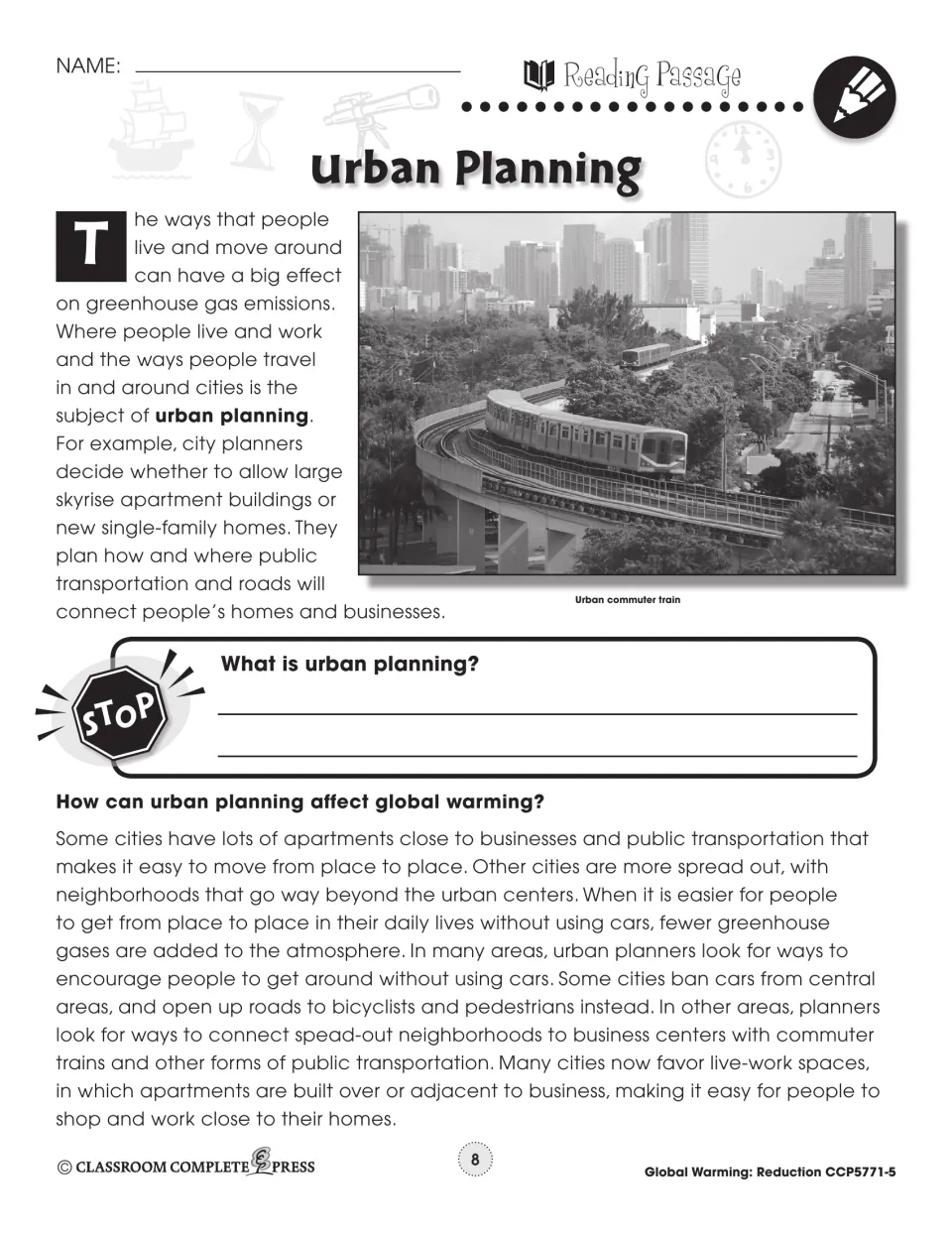 Urban Planning reading passage on how cities affect greenhouse gas emissions, with an urban commuter train photo