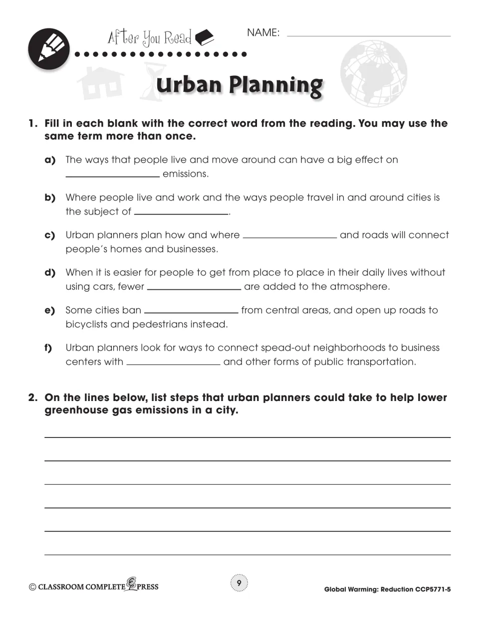 After You Read: six fill-in-the-blank sentences from the reading, then list steps to lower a city's emissions
