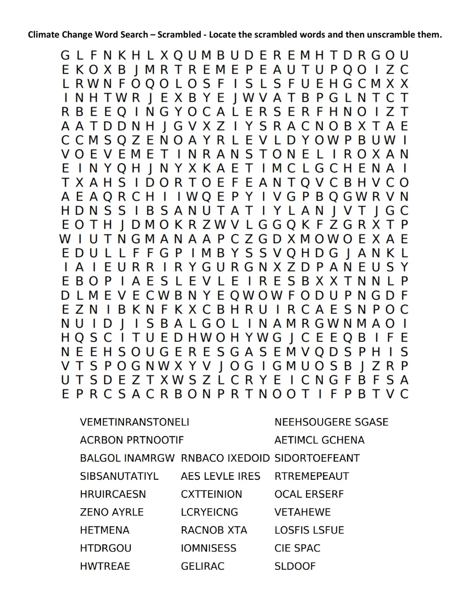 Scrambled climate word search: students locate jumbled terms like AETIMCL GCHENA in the puzzle, then unscramble each one