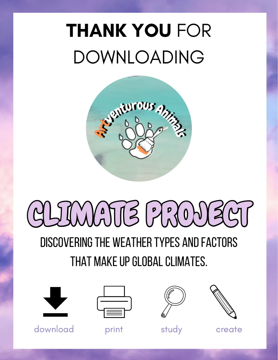Cover titled Climate Project on weather types and the factors that shape them worldwide, plus a thank-you note