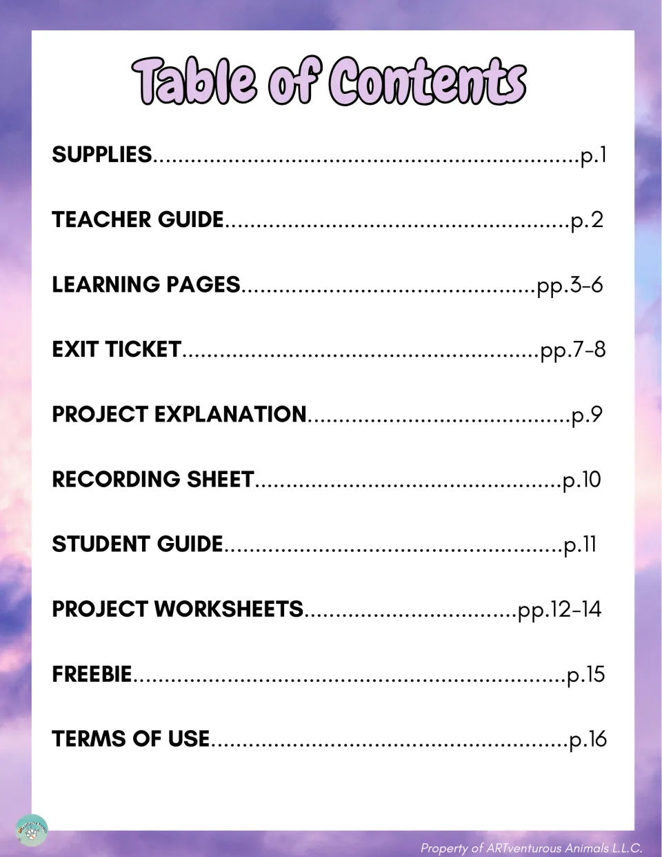 Table of contents listing supplies, teacher guide, learning pages, exit ticket, recording sheet and project worksheets