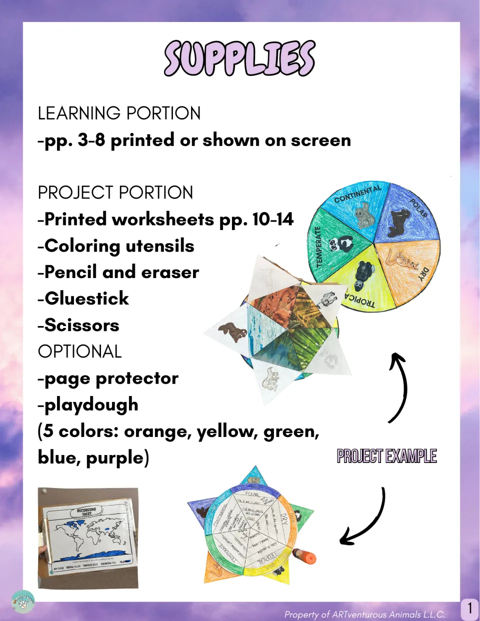Supplies list for the learning and project portions, with photos of a finished climate zone wheel and recording sheet