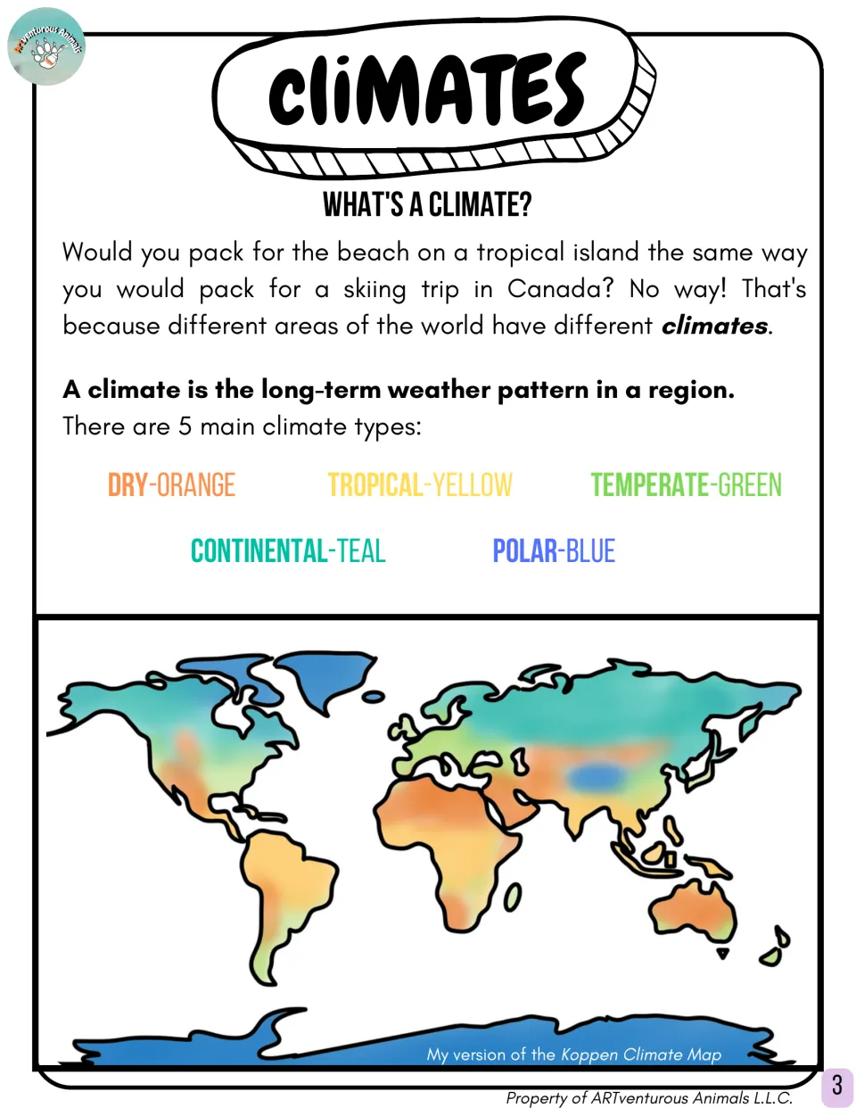 What's a climate? Defines it as a region's long-term weather pattern and color-codes 5 types on a Koppen world map