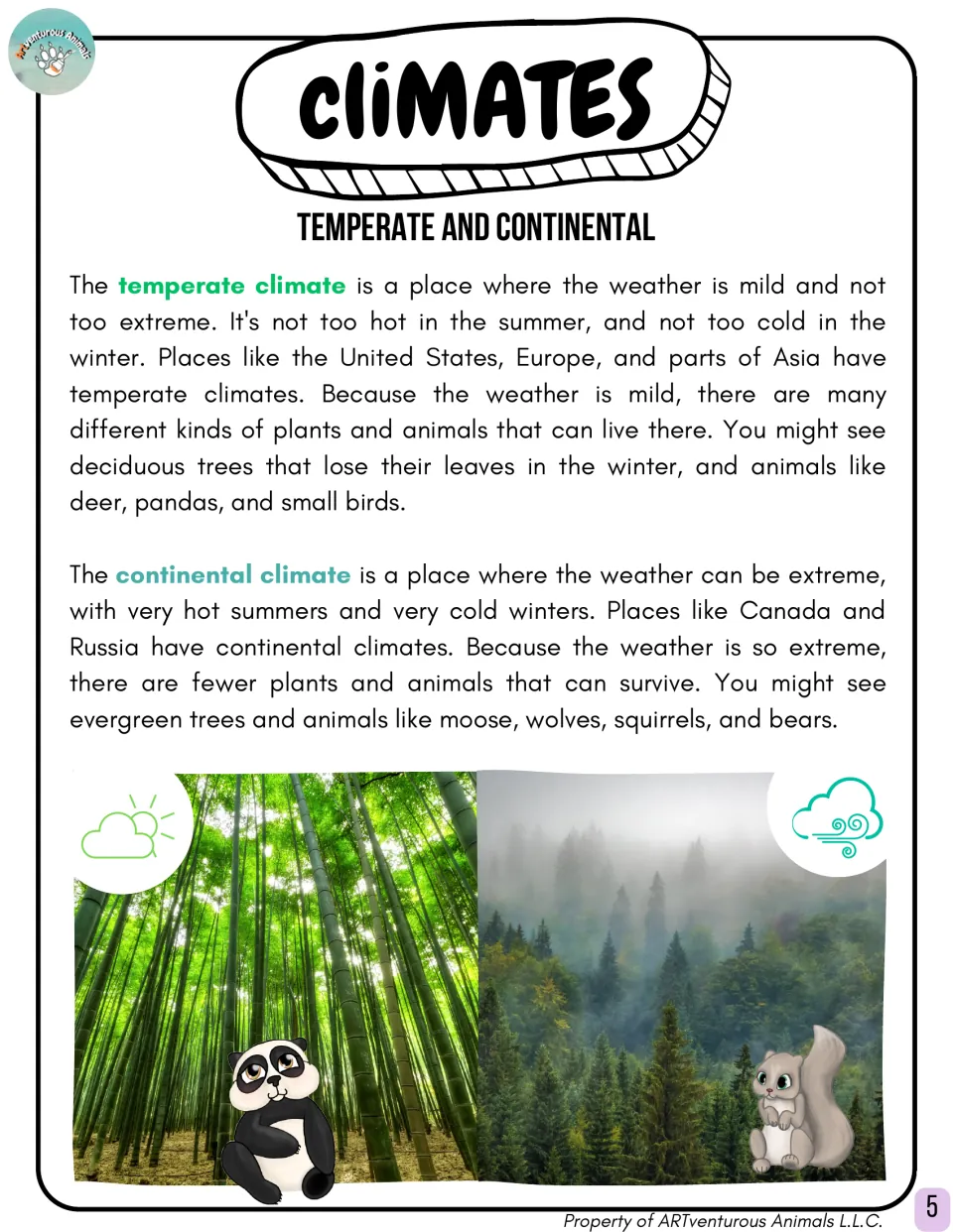Temperate and continental reading: mild versus extreme seasons, deciduous and evergreen trees, deer and moose