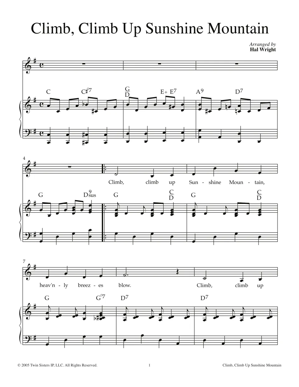 Climb, Climb Up Sunshine Mountain piano-vocal score, bars 1-9: intro, then melody with lyrics and chord symbols in G