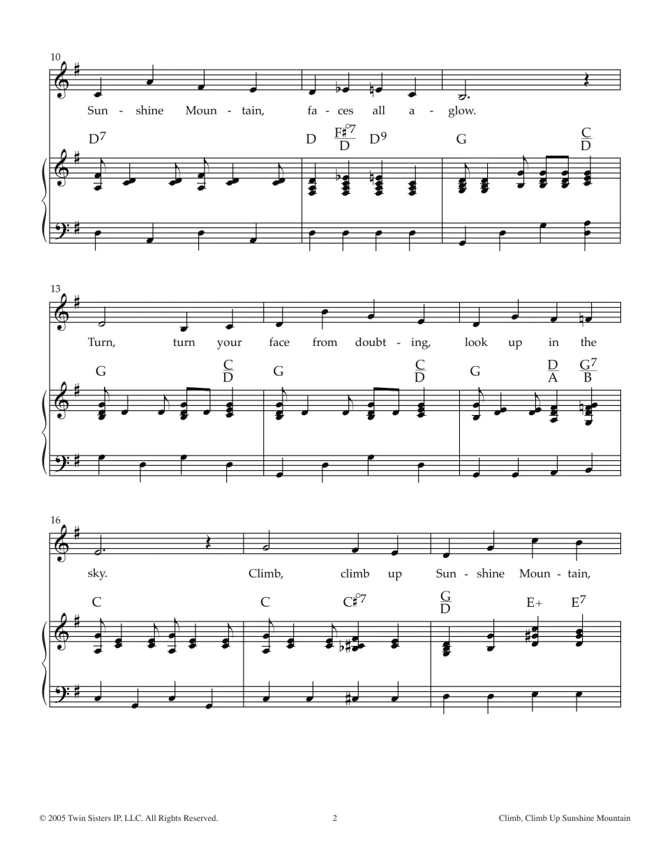 Song score bars 10-18: vocal line with lyrics 'faces all aglow' and 'Turn, turn your face from doubting' over piano chords