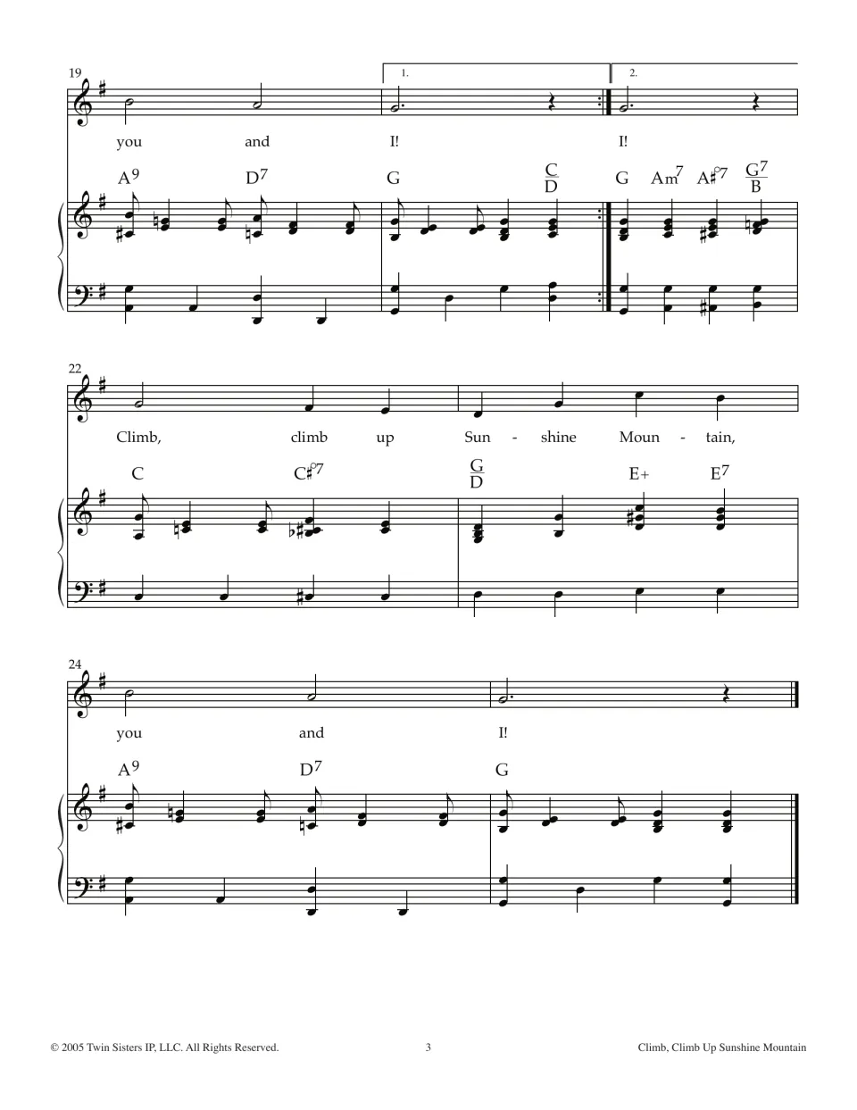 Final score page, bars 19-25: first and second endings on 'you and I!' then a repeat of the chorus to the closing G chord