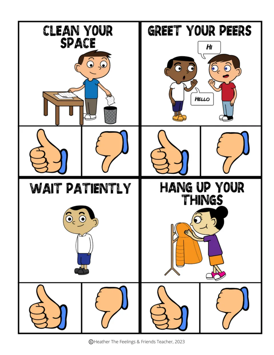 Behavior clip cards 1–4: clean your space, greet your peers, wait patiently, and hang up your things