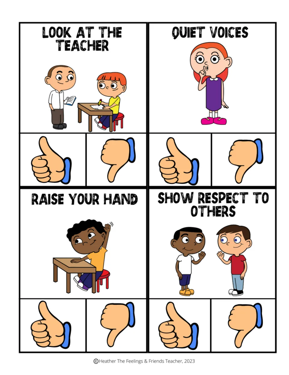 Behavior clip cards 5–8: look at the teacher, quiet voices, raise your hand, and show respect to others