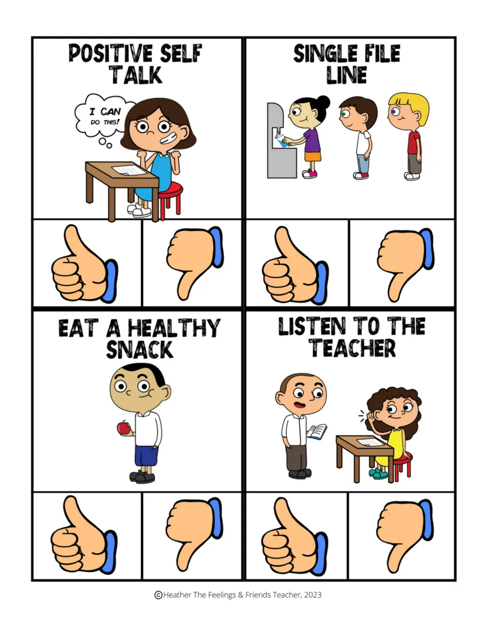 Behavior clip cards 9–12: positive self talk, single file line, eat a healthy snack, and listen to the teacher