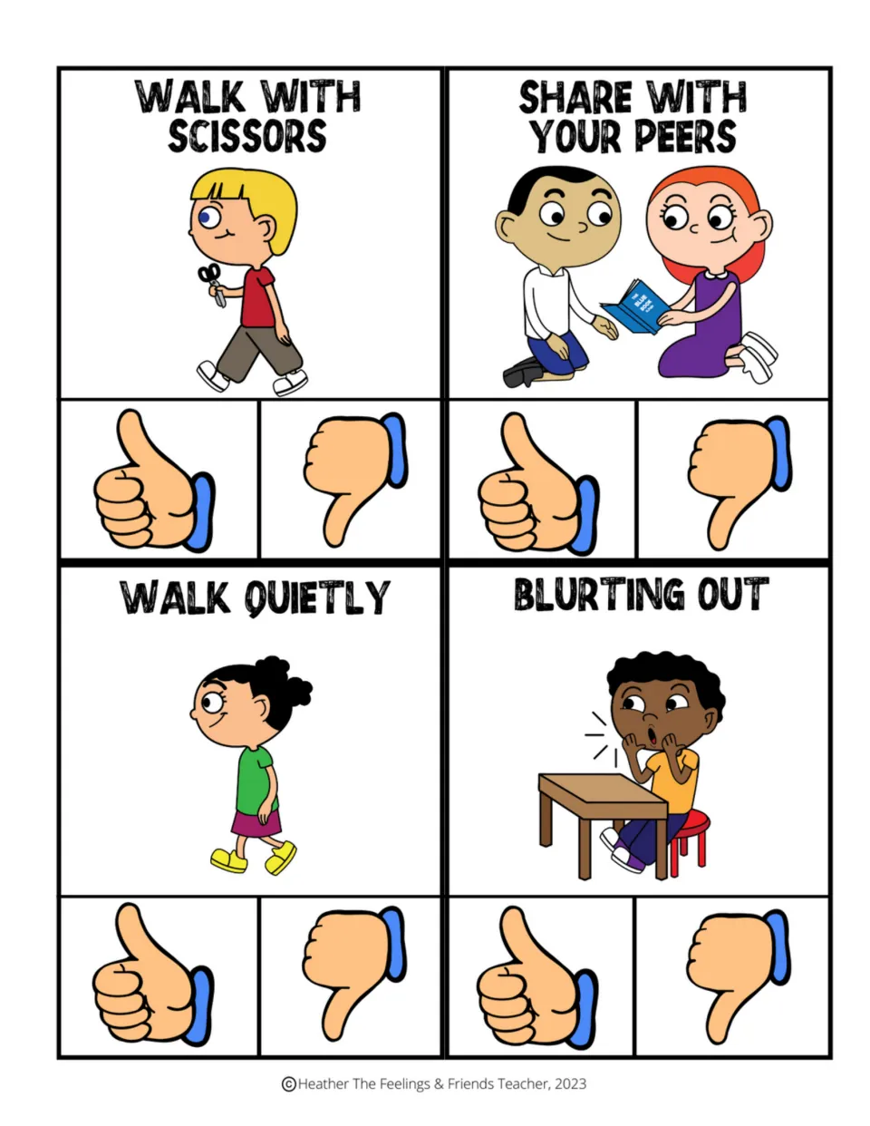 Behavior clip cards 13–16: walk with scissors, share with your peers, walk quietly, and blurting out