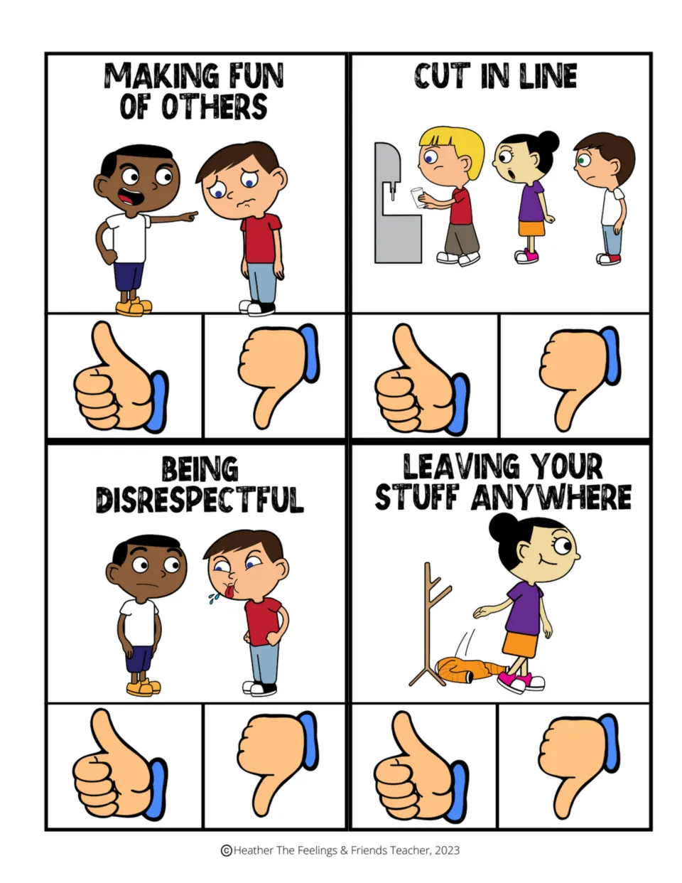 Behavior clip cards 17–20: making fun of others, cut in line, being disrespectful, and leaving your stuff anywhere