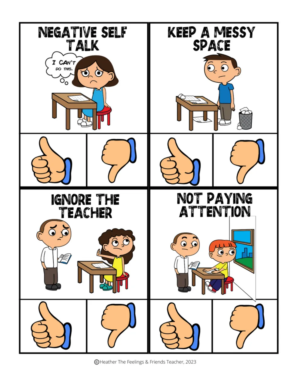 Behavior clip cards 21–24: negative self talk, keep a messy space, ignore the teacher, and not paying attention