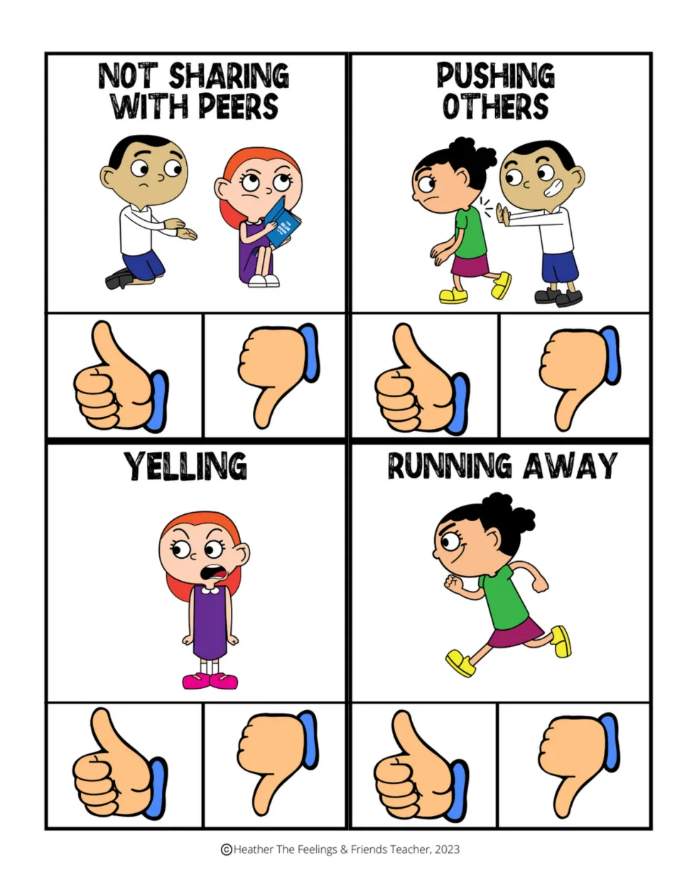 Behavior clip cards 25–28: not sharing with peers, pushing others, yelling, and running away