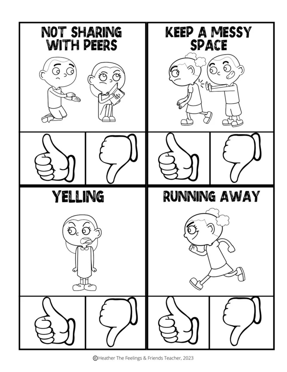 Black-and-white behavior clip cards: not sharing, pushing labeled “Keep a Messy Space,” yelling, and running away