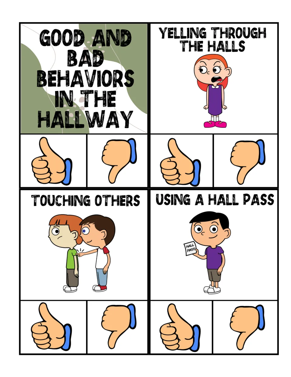 Color hallway clip cards: title, yelling through the halls, touching others, and using a hall pass