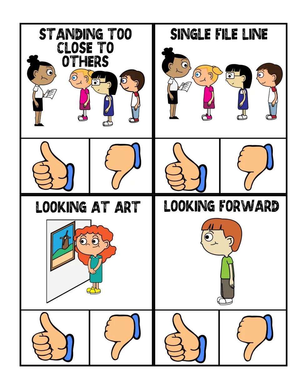 Color hallway clip cards: standing too close to others, single file line, looking at art, and looking forward