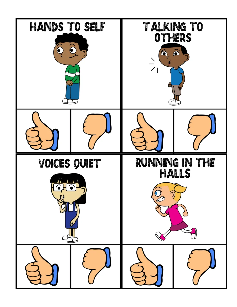 Color hallway clip cards: hands to self, talking to others, voices quiet, and running in the halls