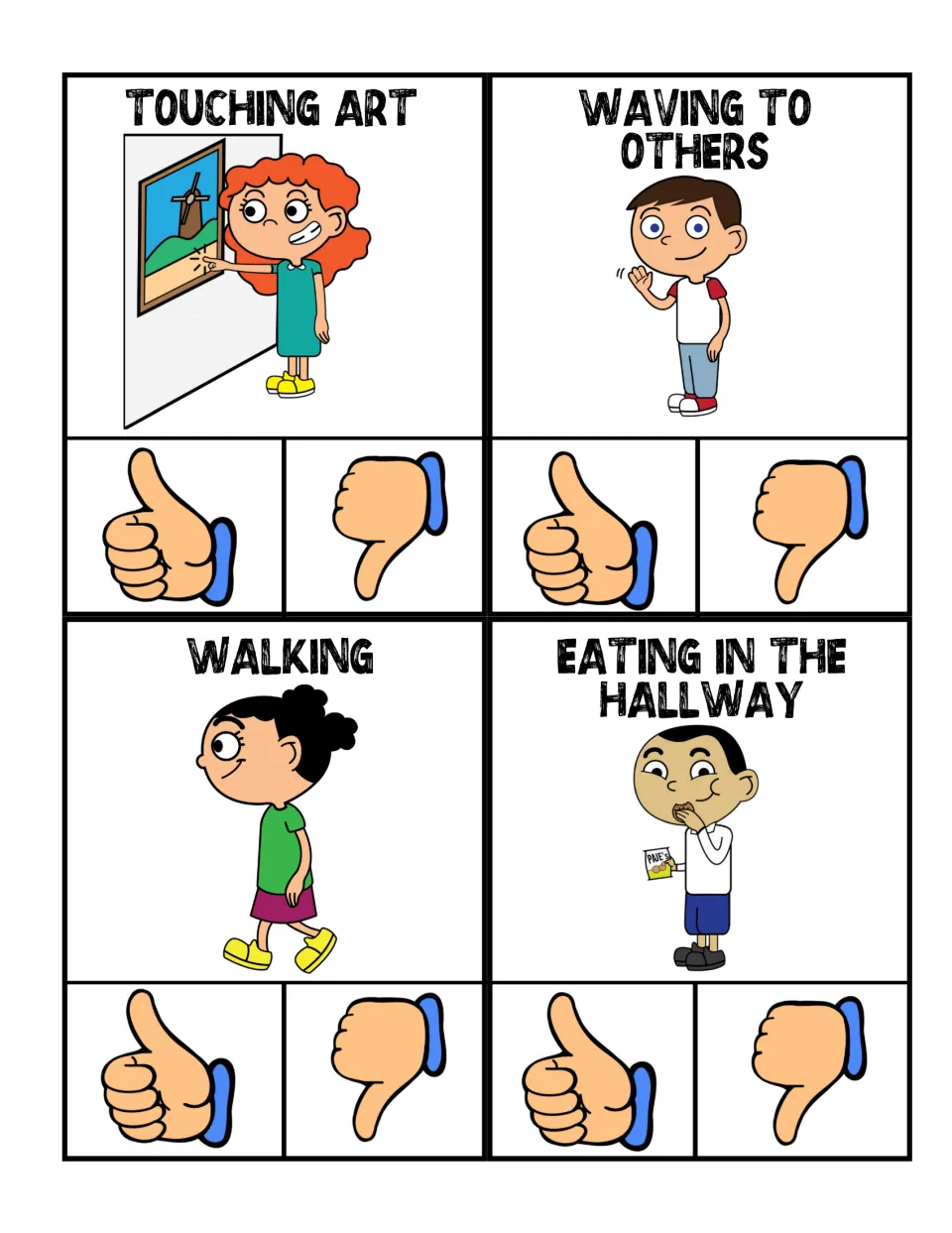 Color hallway clip cards: touching art, waving to others, walking, and eating in the hallway