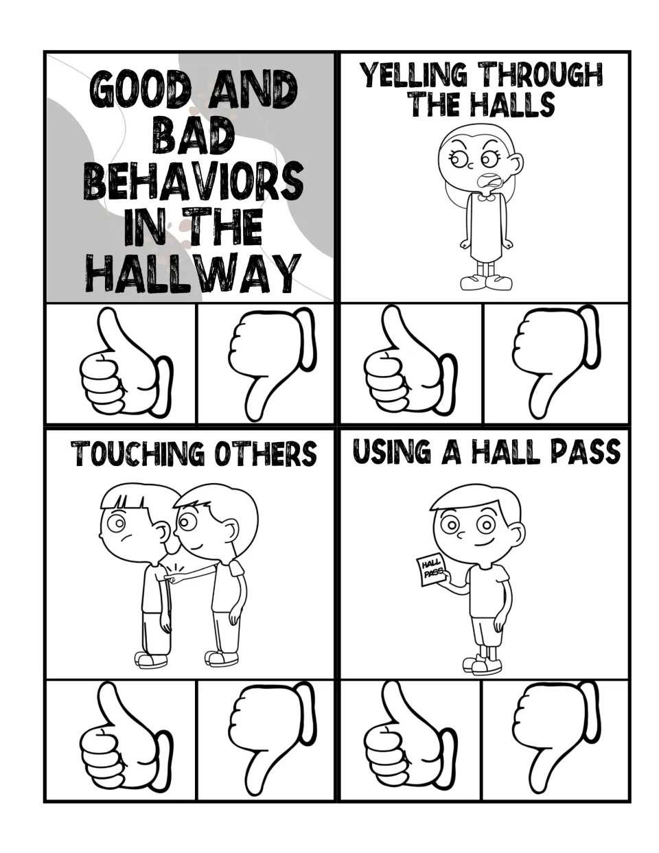 Black-and-white hallway clip cards: title, yelling through the halls, touching others, and using a hall pass