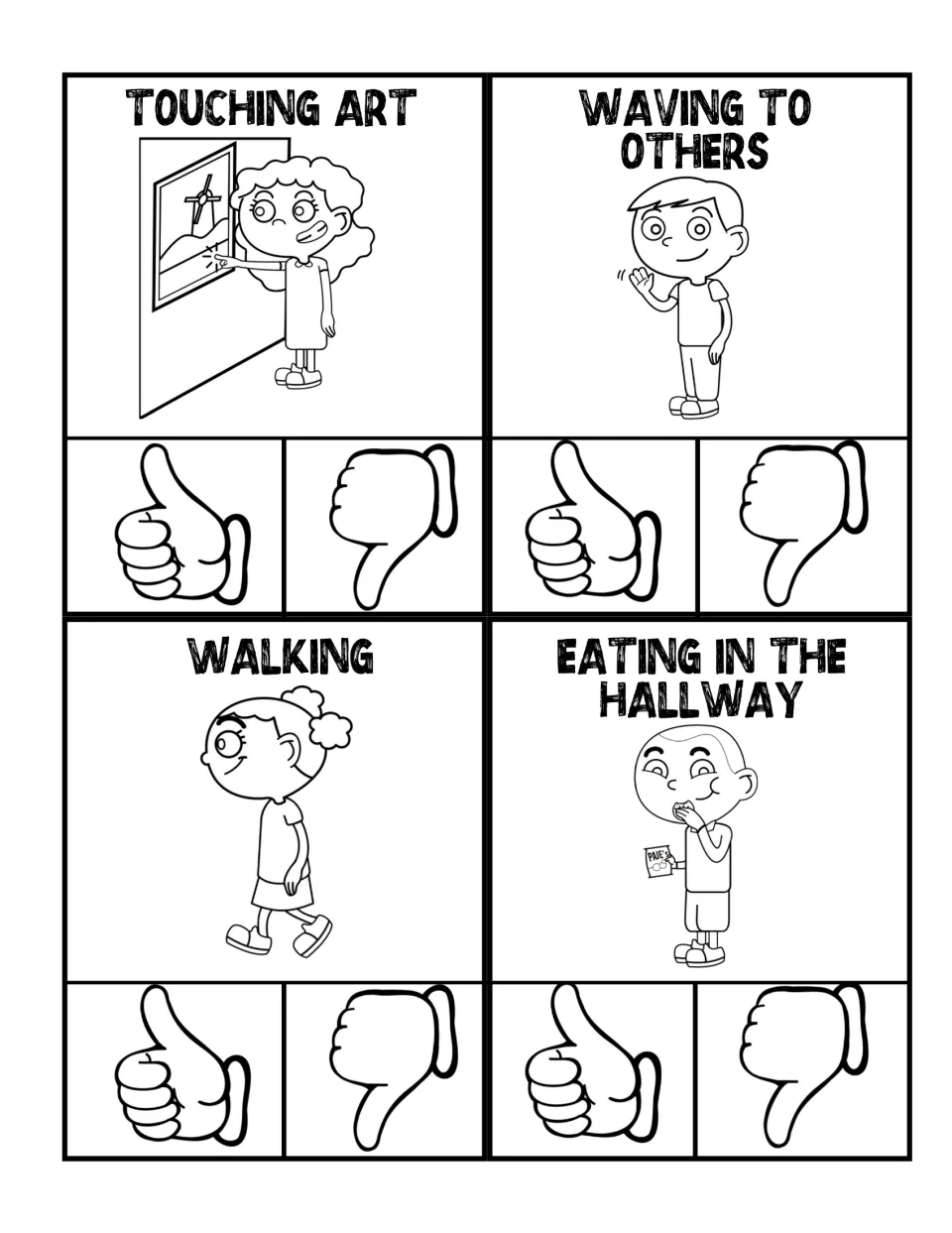 Black-and-white hallway clip cards: touching art, waving to others, walking, and eating in the hallway