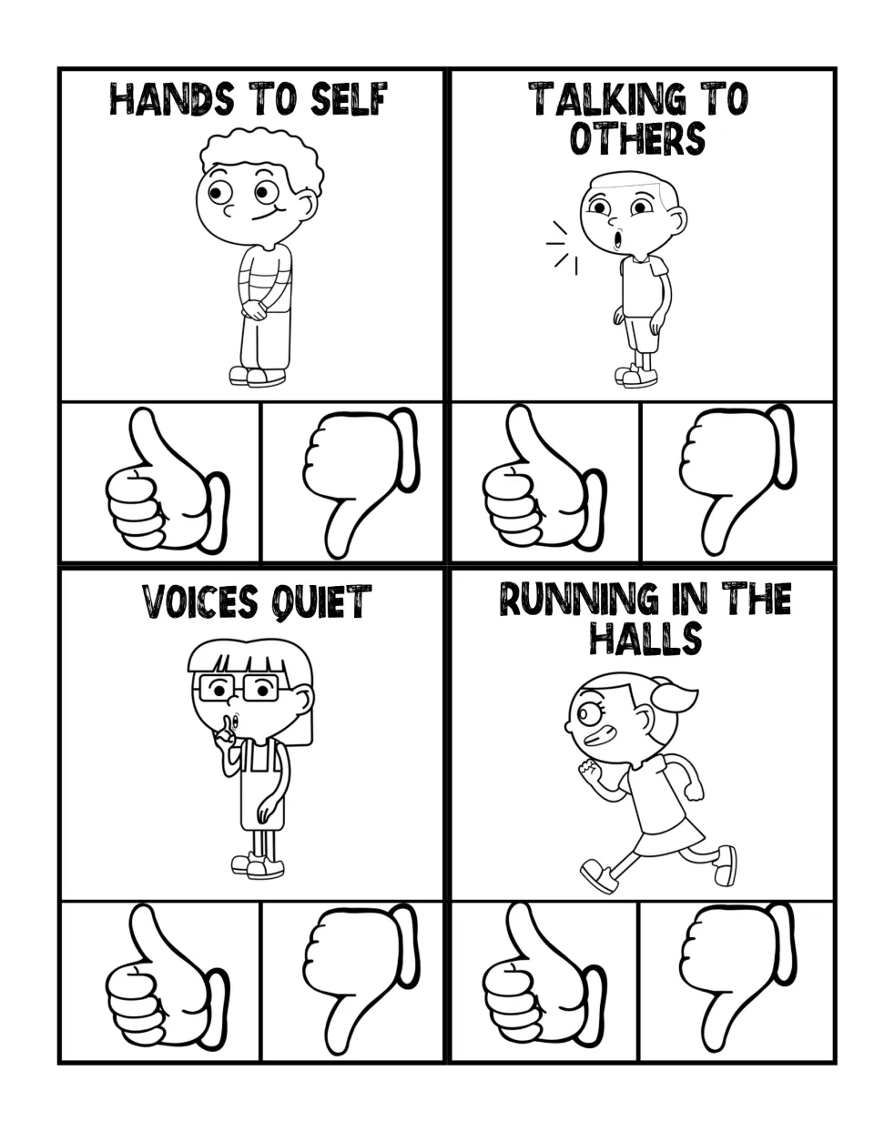 Black-and-white hallway clip cards: hands to self, talking to others, voices quiet, and running in the halls