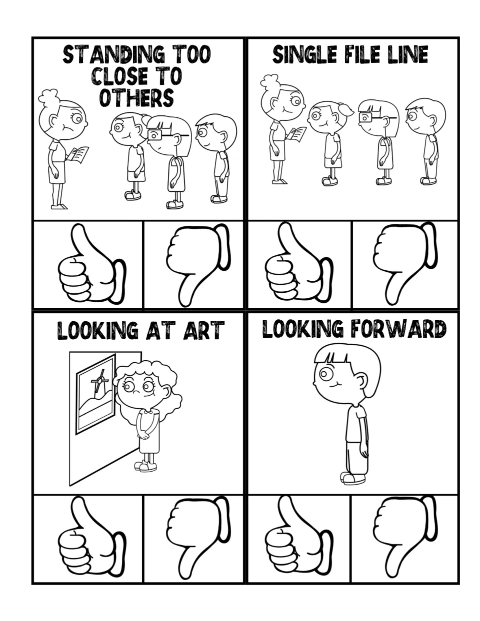 Black-and-white hallway clip cards: standing too close, single file line, looking at art, and looking forward