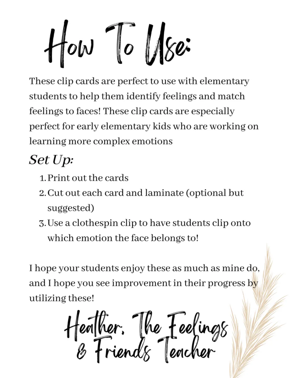 Instructions for emotion clip cards: print, cut, optionally laminate, and use clothespins to mark matches.
