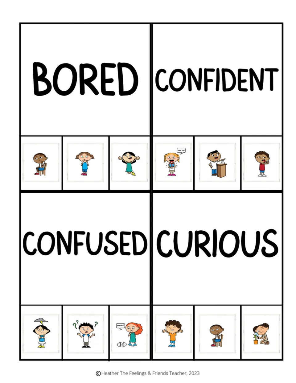 Emotion clip cards for bored, confident, confused, and curious, each offering three pictures to choose from.