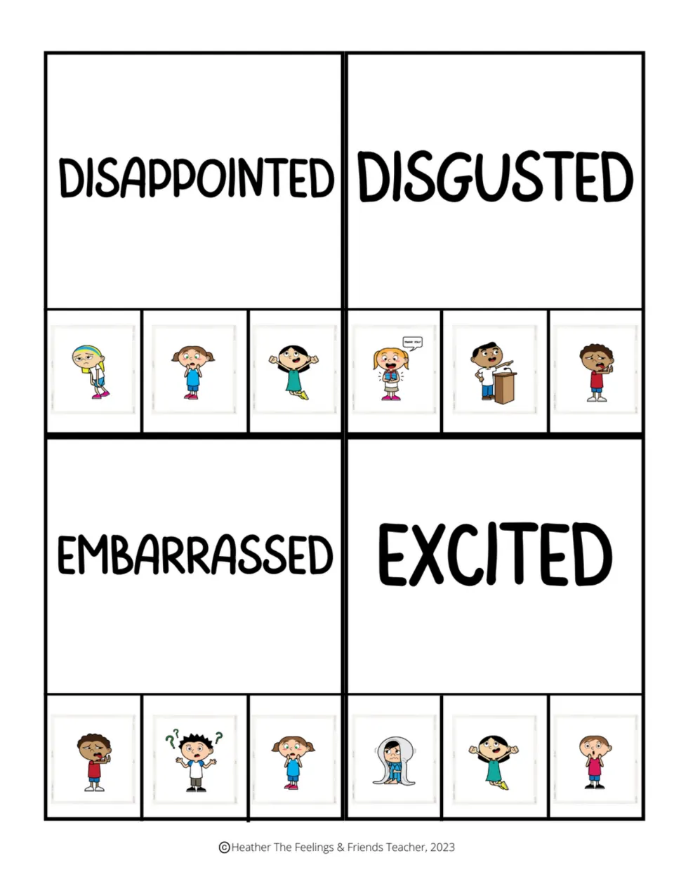 Emotion clip cards for disappointed, disgusted, embarrassed, and excited, each with three picture choices.