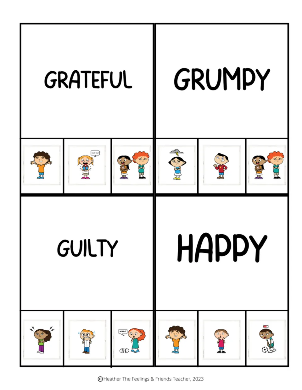 Emotion clip cards for grateful, grumpy, guilty, and happy, each offering three pictures to choose from.