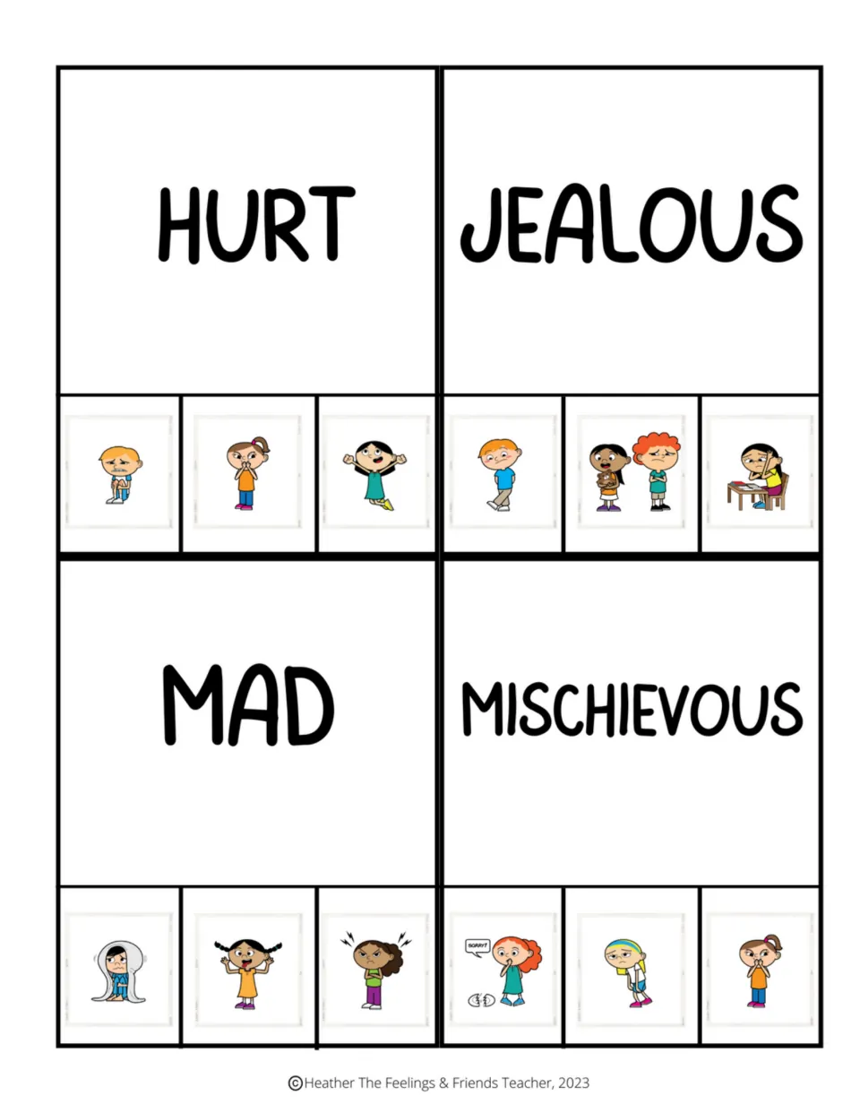 Emotion clip cards for hurt, jealous, mad, and mischievous, each offering three pictures to choose from.