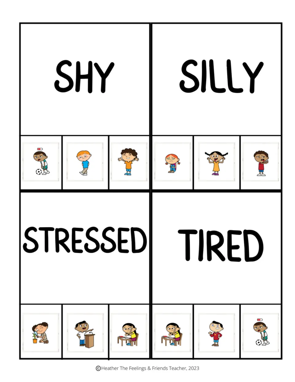Emotion clip cards for shy, silly, stressed, and tired, each offering three pictures to choose from.