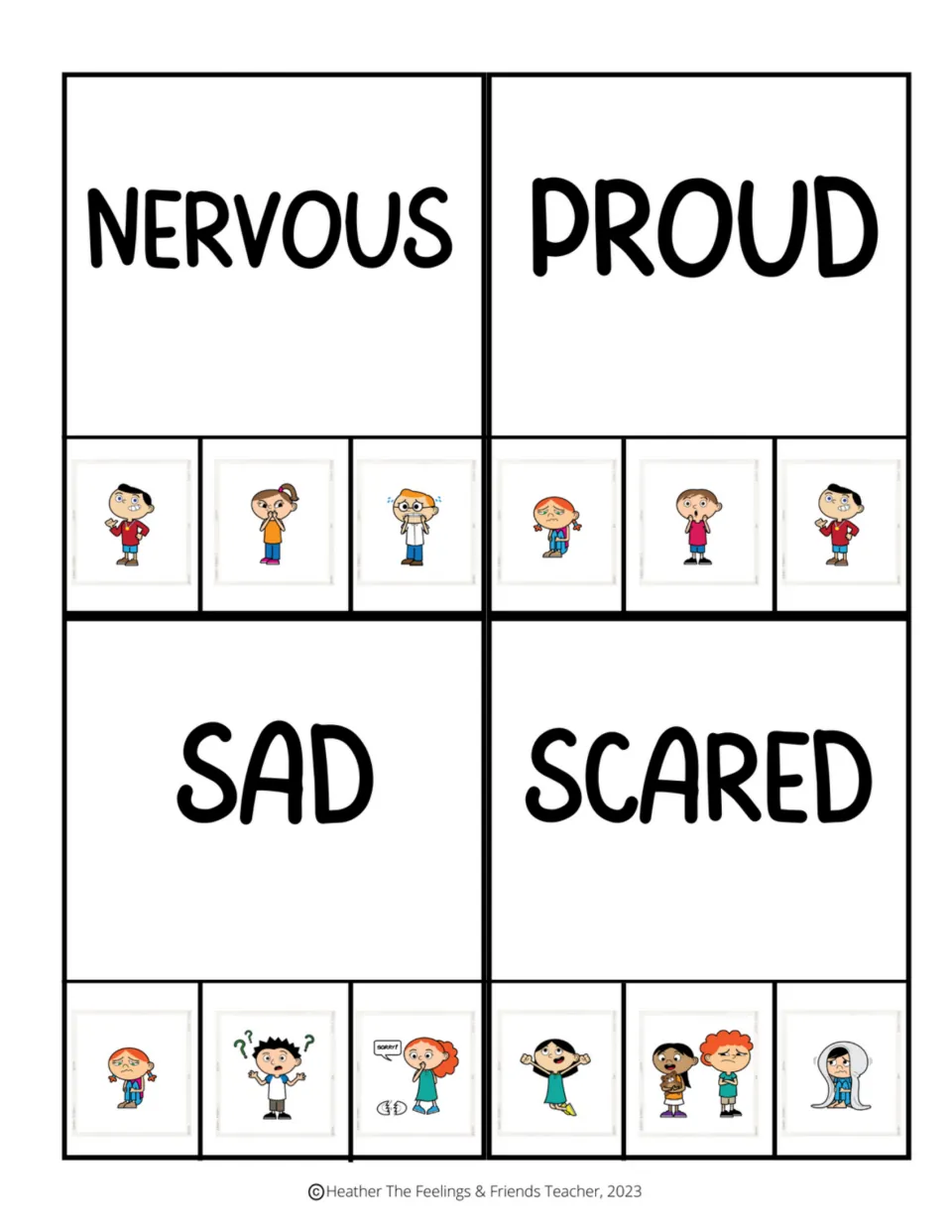 Emotion clip cards for nervous, proud, sad, and scared, each offering three pictures to choose from.