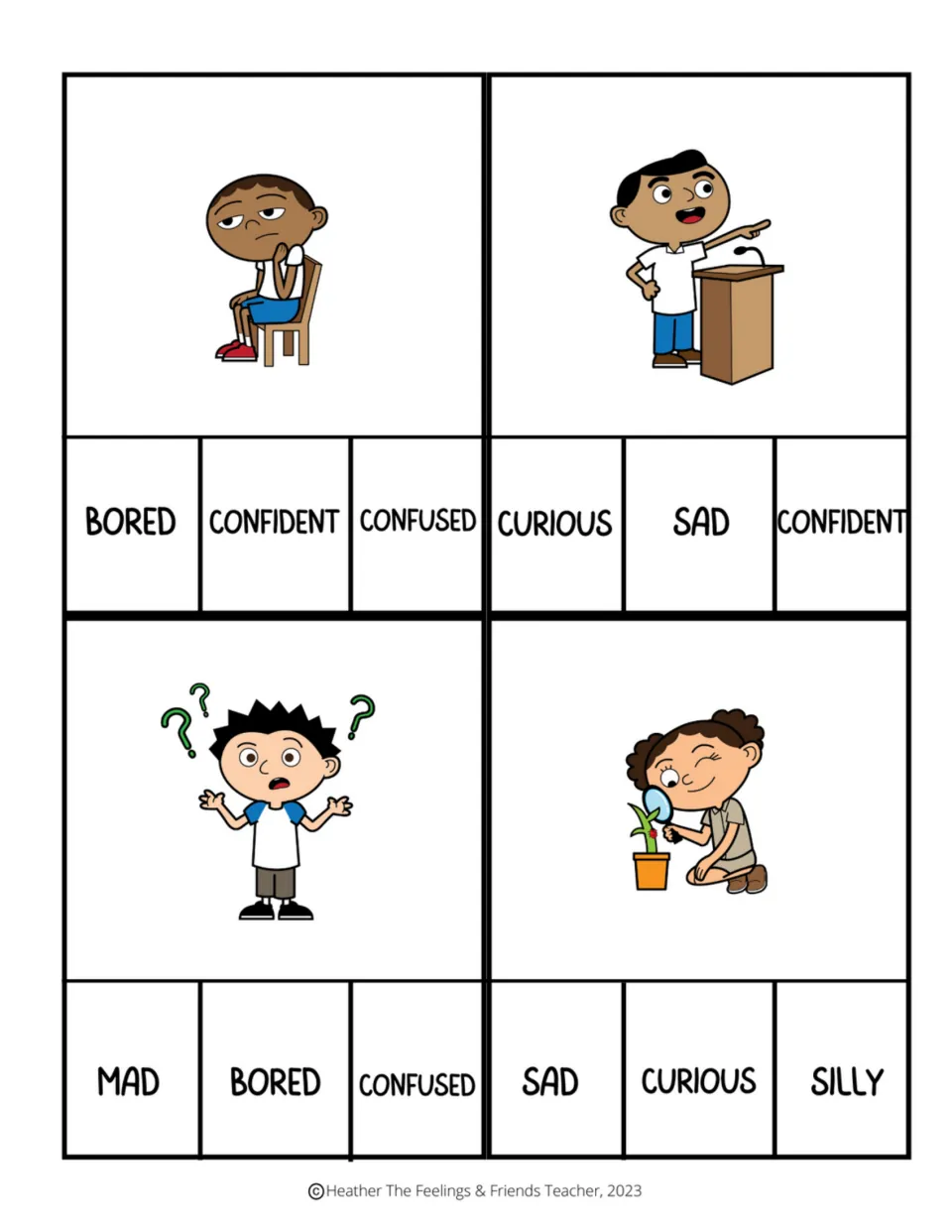 Picture-to-word emotion clip cards showing bored, confident, confused, and curious, with three word choices each.