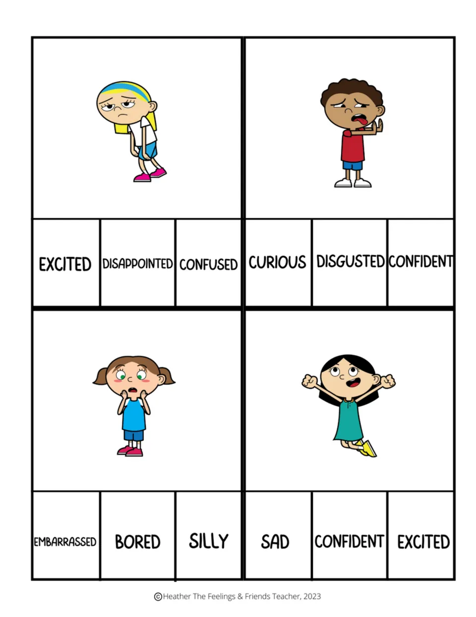 Picture-to-word clip cards showing disappointed, disgusted, embarrassed, and excited, with three choices each.