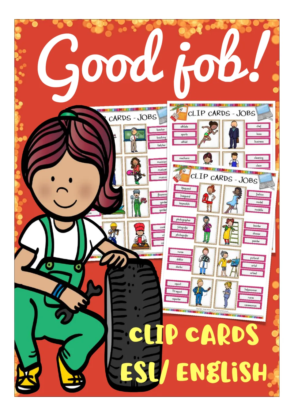 Good job! cover for ESL English jobs clip cards, showing card sheets of illustrated workers and a mechanic with a tire