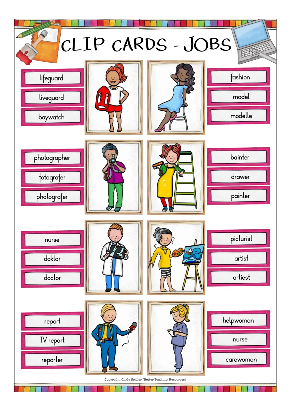 Jobs spelling clip cards: students clip the right word for lifeguard, model, photographer, painter, doctor and reporter