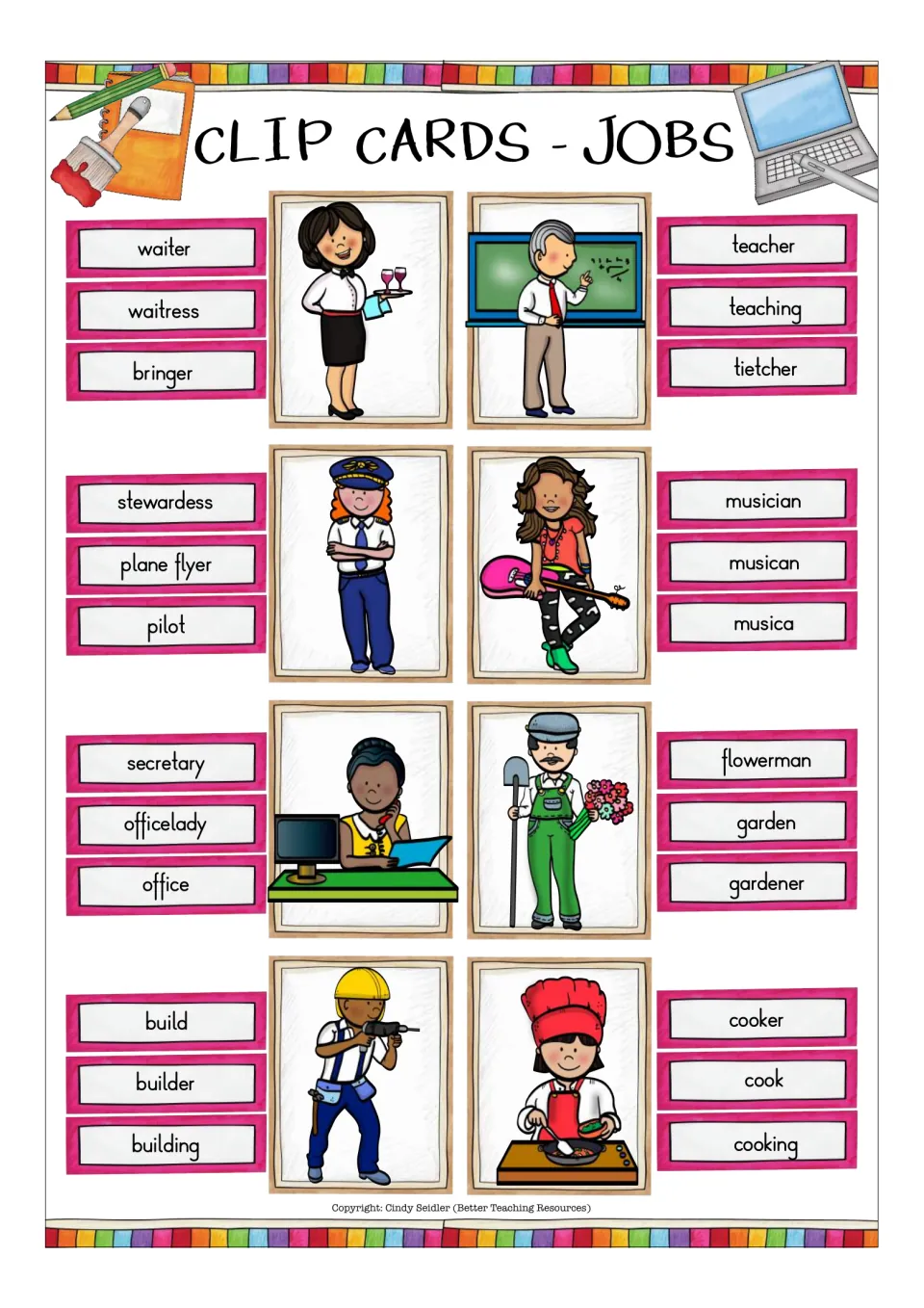 Job word clip cards: students pick the correct word for waitress, teacher, pilot, musician, gardener and cook