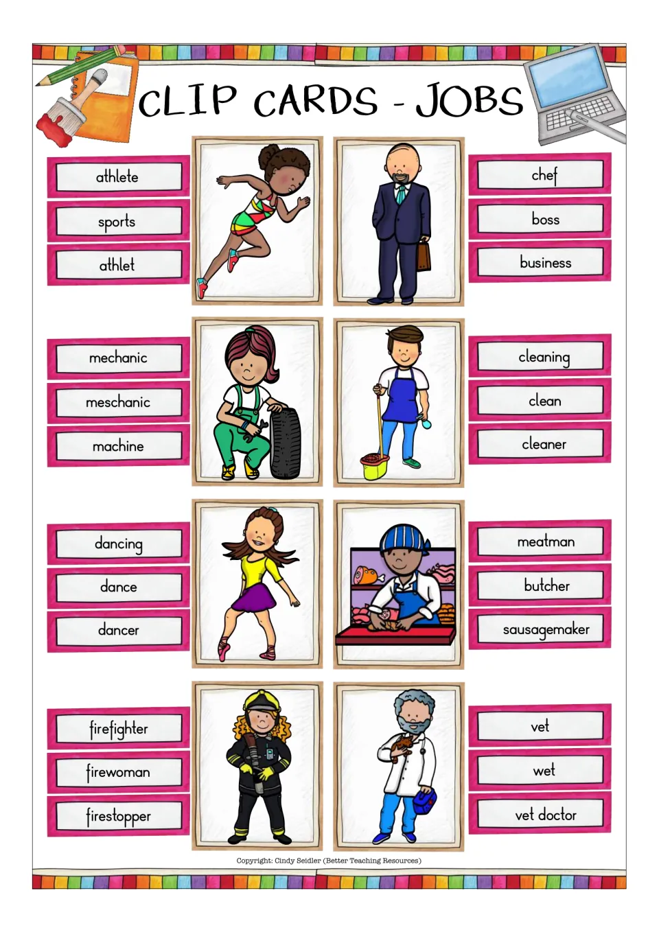 Occupation clip cards: choose the right word for athlete, boss, mechanic, cleaner, dancer, butcher, firefighter and vet