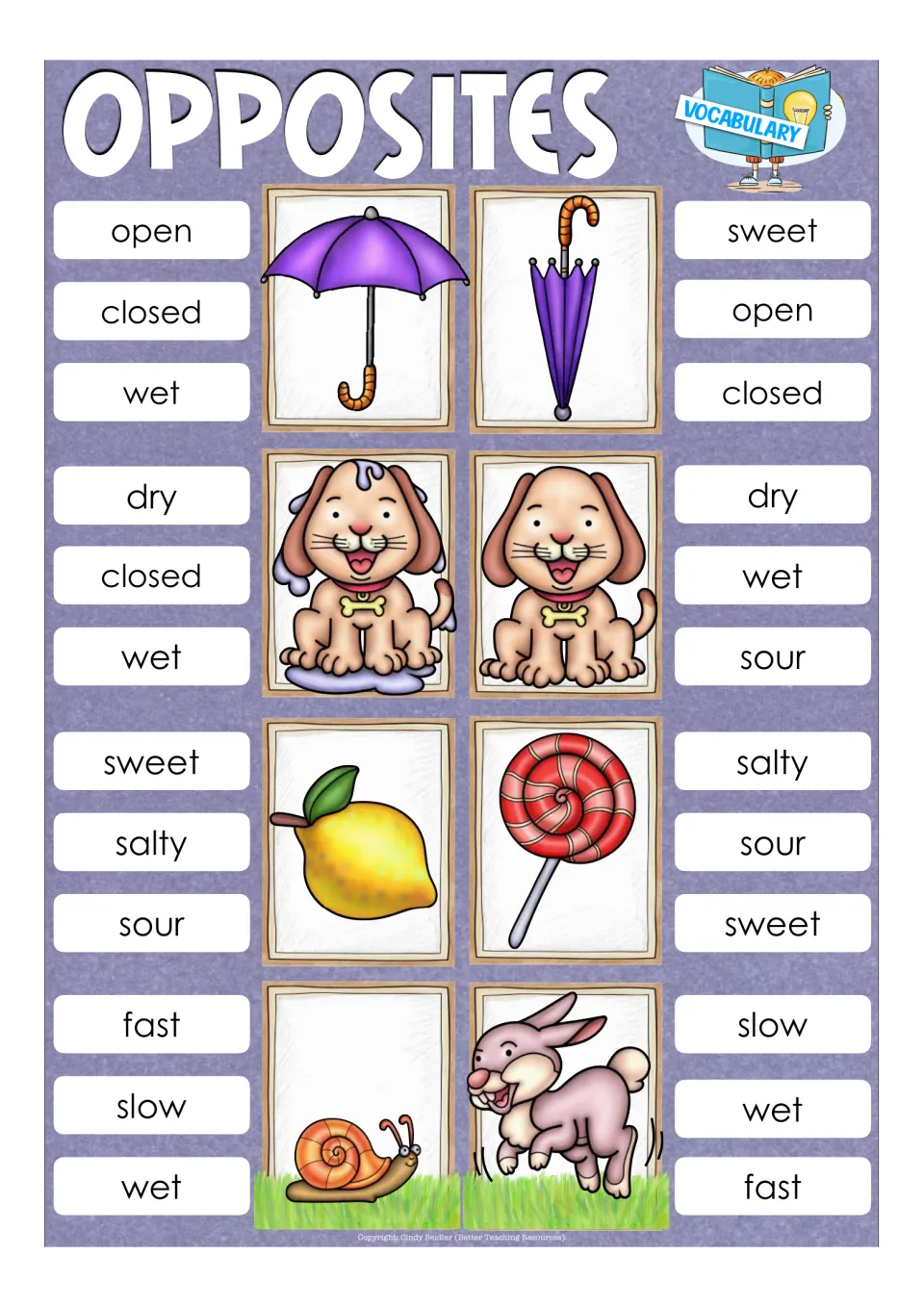 Opposites vocabulary cards: students clip the right word for open/closed umbrellas, wet/dry dog, sour lemon, sweet lollipop