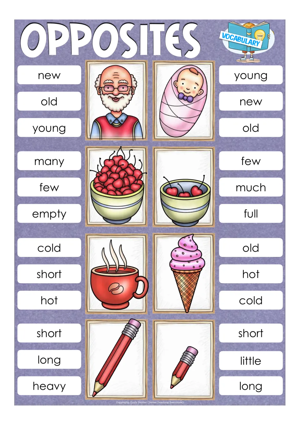 Opposites vocabulary cards: students clip old/young, many/few cherries, hot cup/cold ice cream and long/short pencils