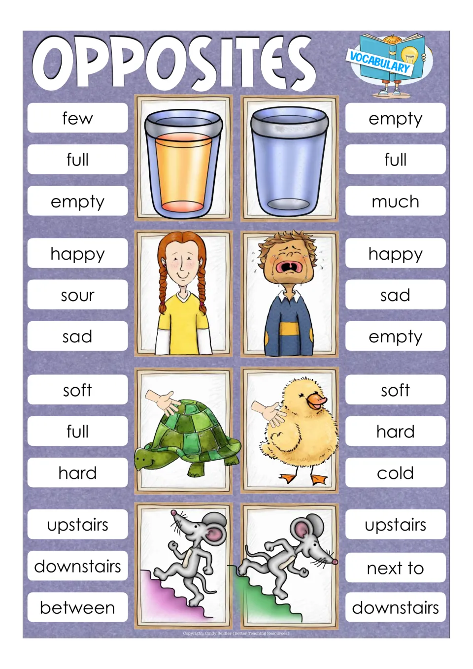 Opposites vocabulary cards: students clip full/empty glasses, happy/sad kids, hard turtle/soft chick, upstairs/downstairs
