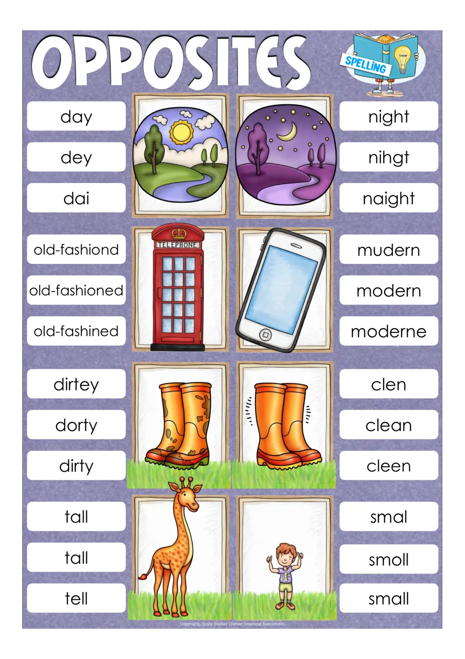 Opposites spelling cards: students clip correct spelling among misspellings, e.g. night/nihgt, modern/mudern, clean/clen