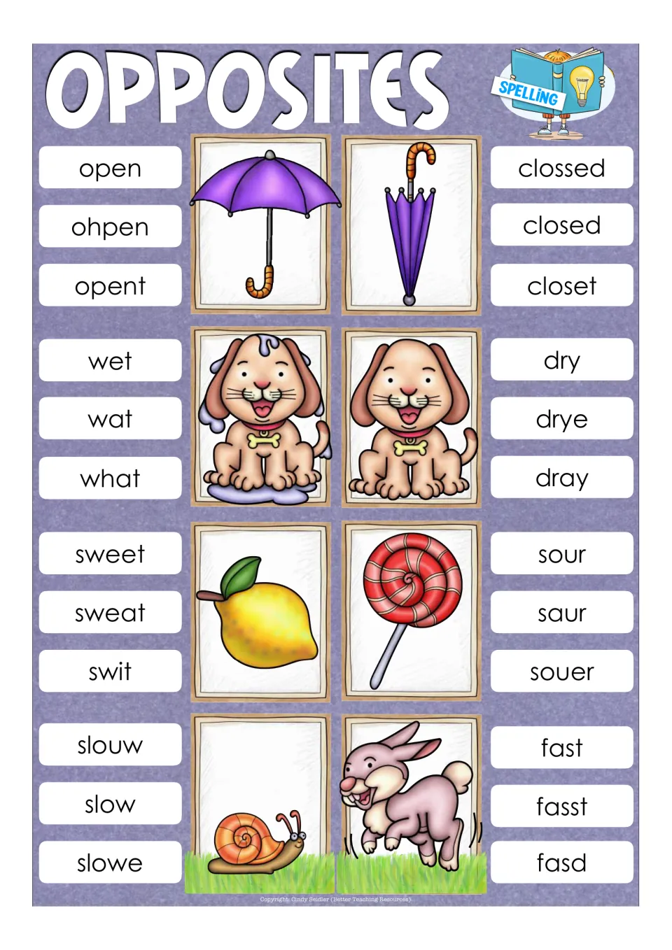 Opposites spelling cards: students find the correct spelling of open, closed, wet, dry, sweet, sour, slow and fast